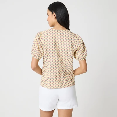 Block-print linen-blend button-up top
