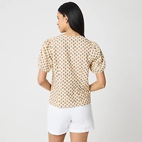 Block-print linen-blend button-up top