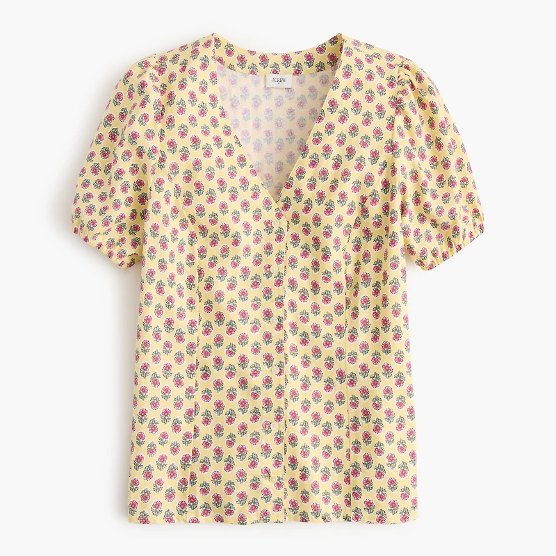 Block-print linen-blend button-up top