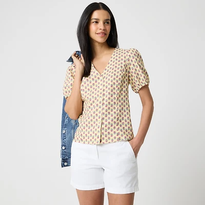 Block-print linen-blend button-up top
