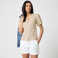 Block-print linen-blend button-up top