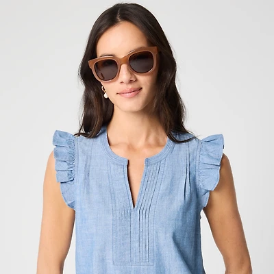 Chambray flutter-sleeve top