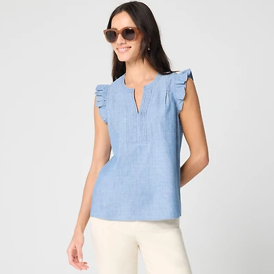 Chambray flutter-sleeve top