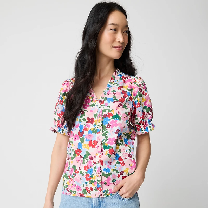 Short-sleeve floral ruffle top