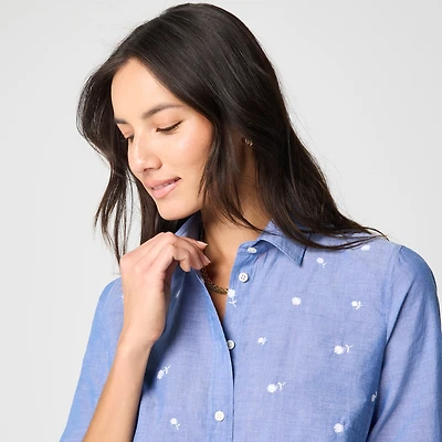 Embroidered chambray button-up shirt
