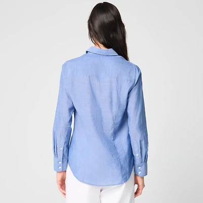 Embroidered chambray button-up shirt