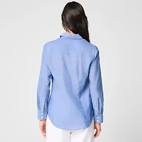 Embroidered chambray button-up shirt