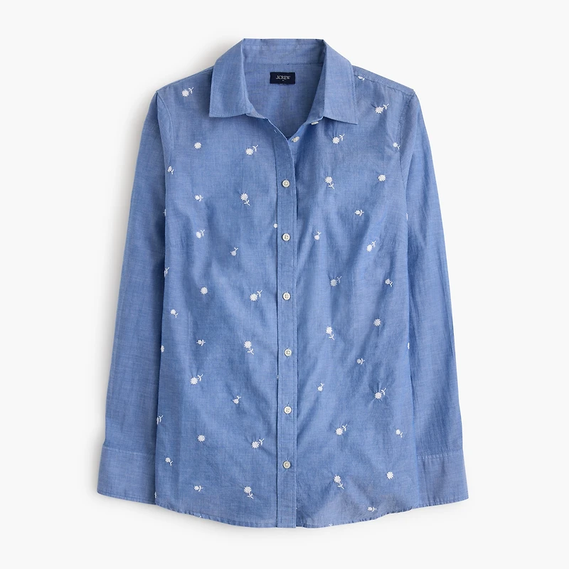Embroidered chambray button-up shirt