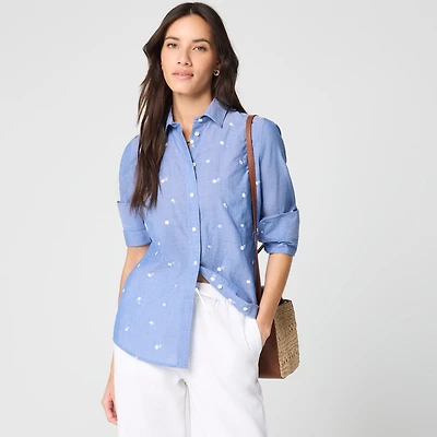 Embroidered chambray button-up shirt