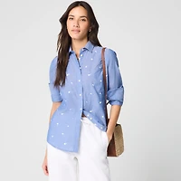 Embroidered chambray button-up shirt
