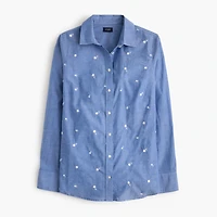 Embroidered chambray button-up shirt