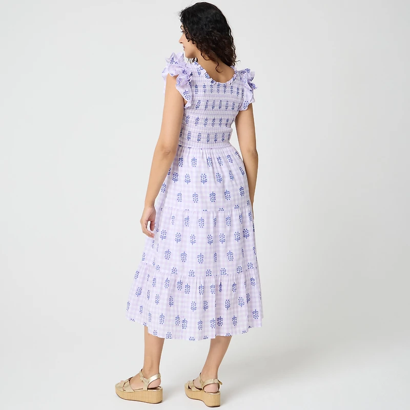 Ruffle-sleeve smocked midi dress