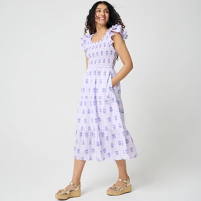 Ruffle-sleeve smocked midi dress