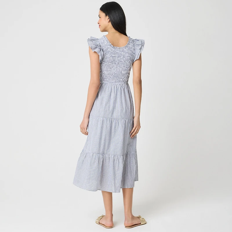 Striped smocked flutter-sleeve midi dress