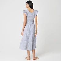 Striped smocked flutter-sleeve midi dress