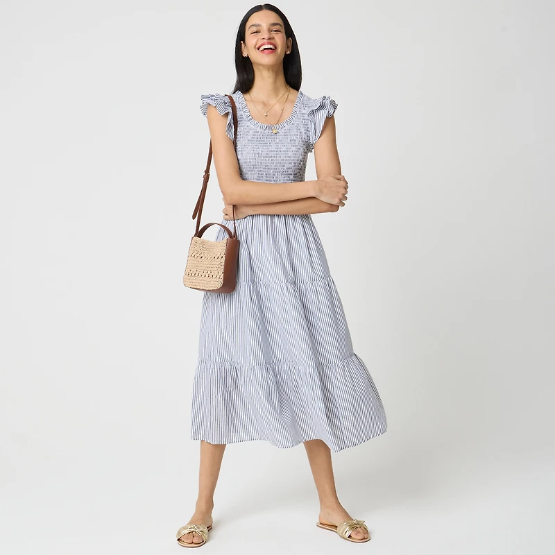 Striped smocked flutter-sleeve midi dress