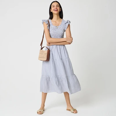 Striped smocked flutter-sleeve midi dress