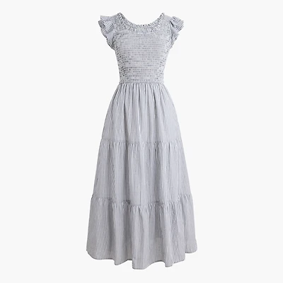Striped smocked flutter-sleeve midi dress