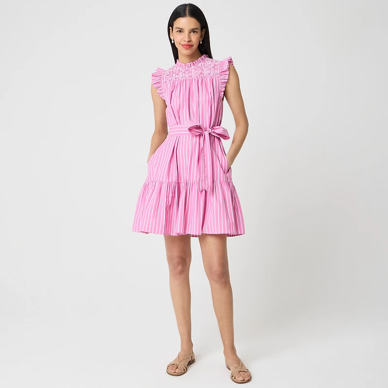 Striped ruffle-sleeve embroidered mini dress