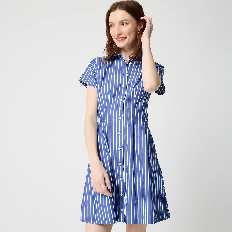 Striped poplin pleated shirt-dress