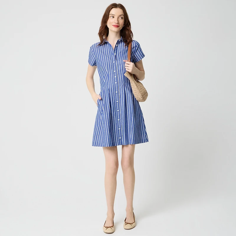 Striped poplin pleated shirt-dress