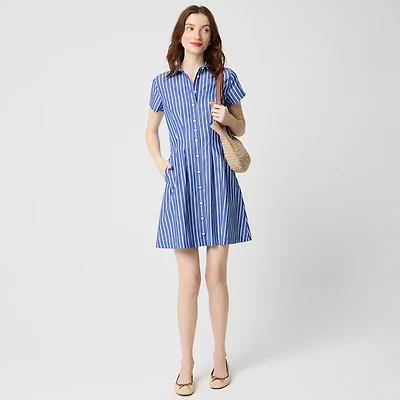 Striped poplin pleated shirt-dress