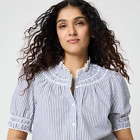 Short-sleeve striped smocked top
