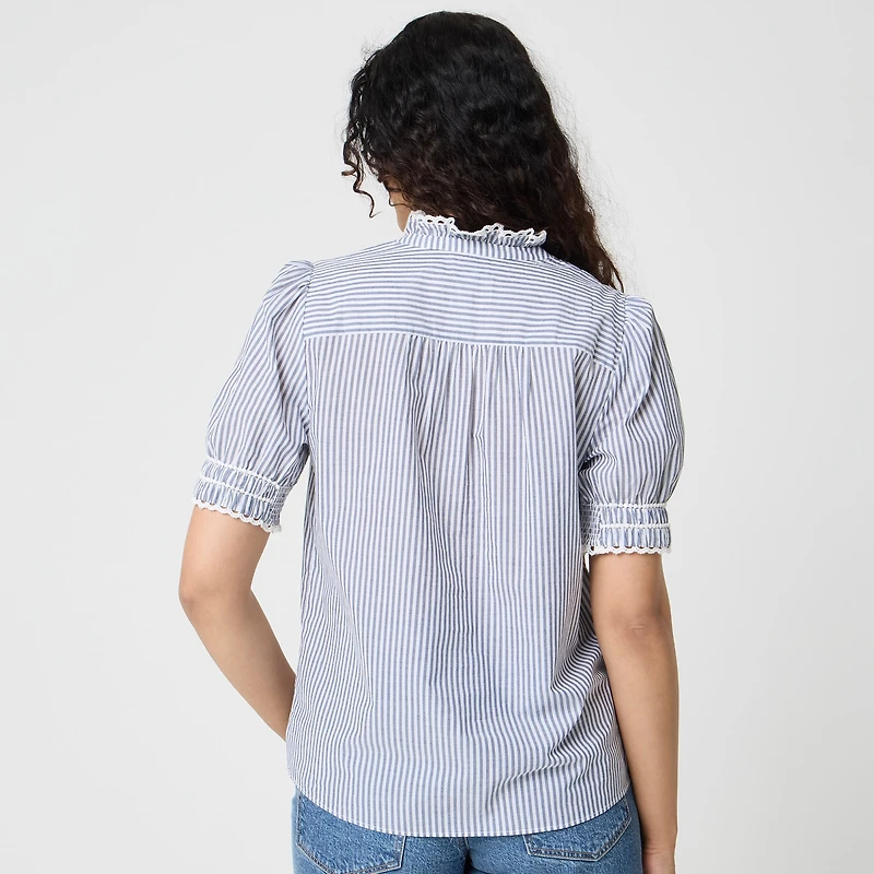 Short-sleeve striped smocked top