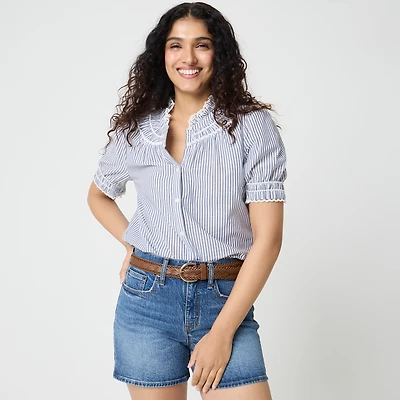 Short-sleeve striped smocked top