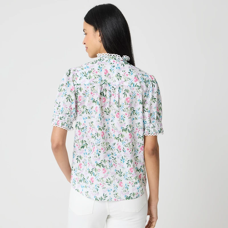 Short-sleeve floral smocked top