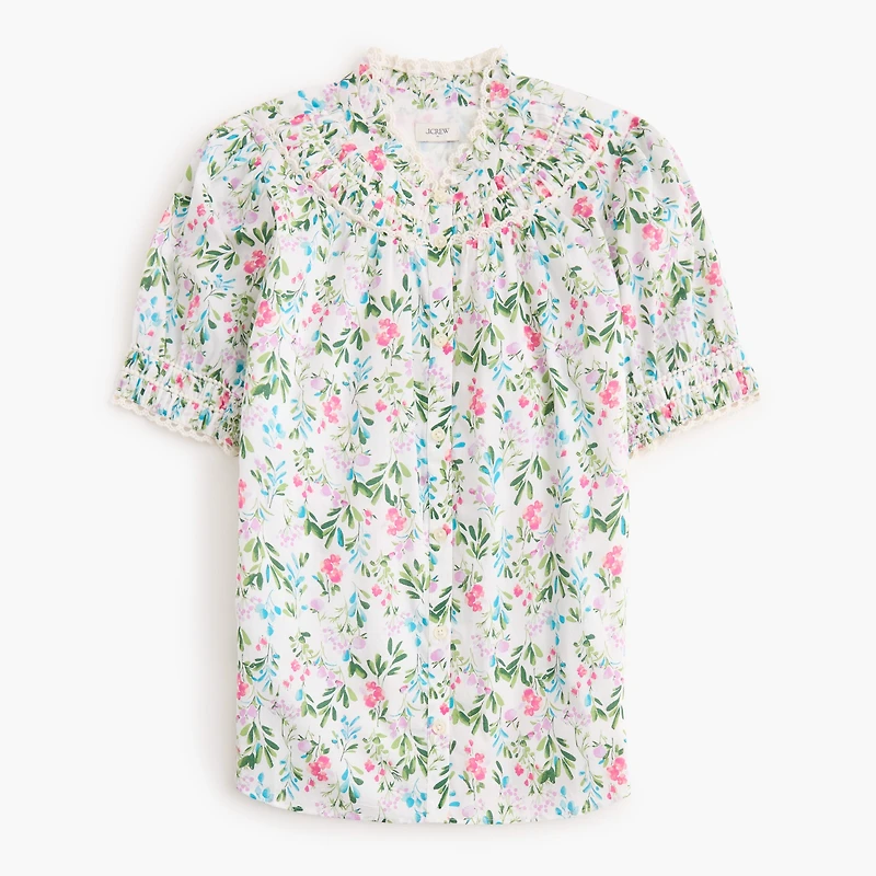 Short-sleeve floral smocked top