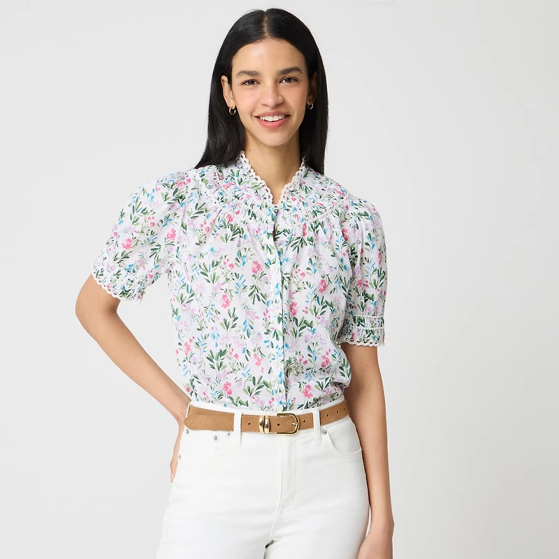 Short-sleeve floral smocked top