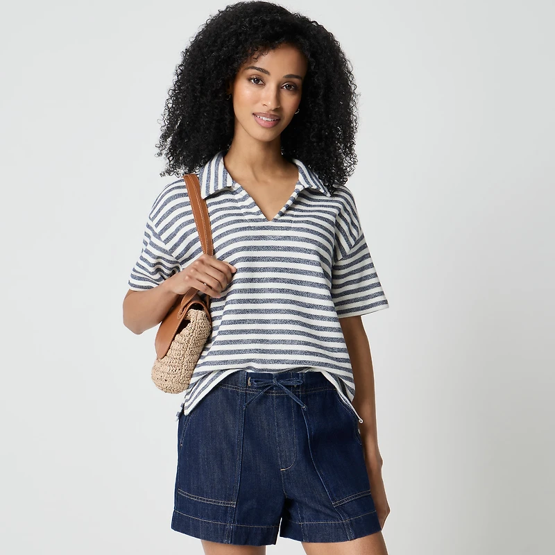 Striped short-sleeve terry polo sweatshirt