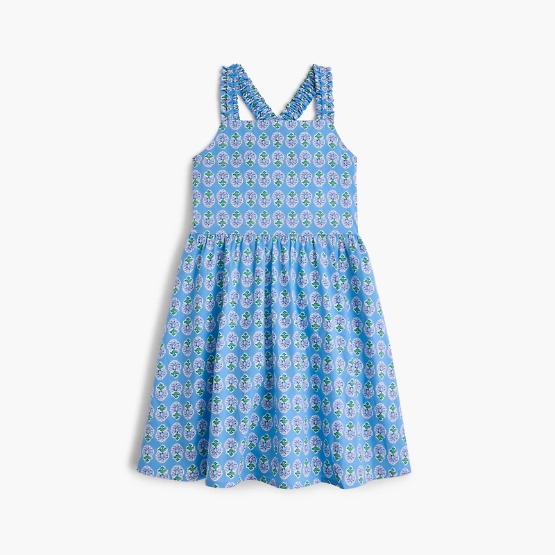 Girls' block-print cross-back dress