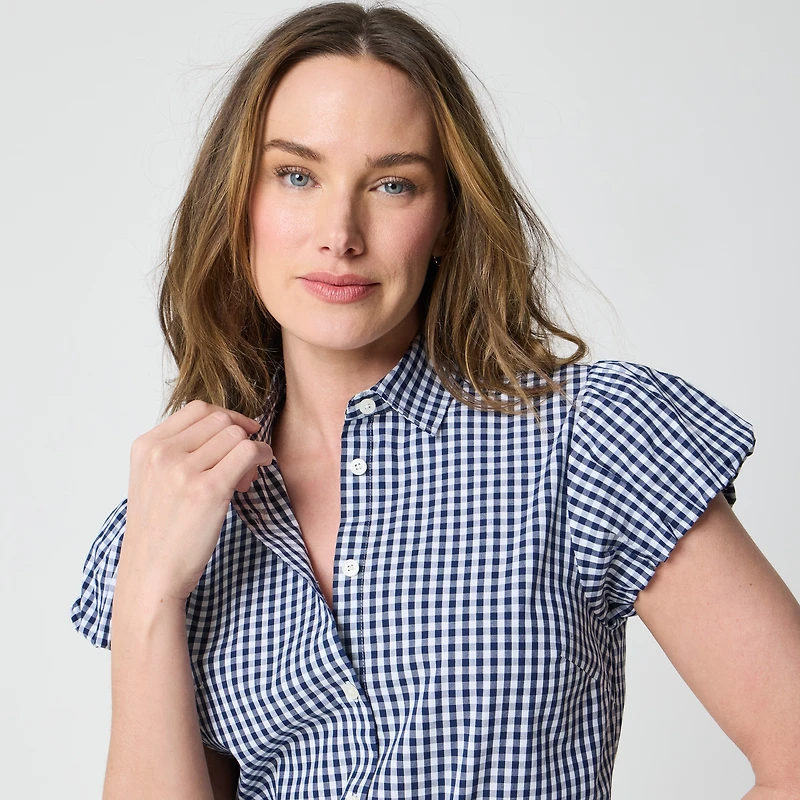 Gingham puff-sleeve button-up top