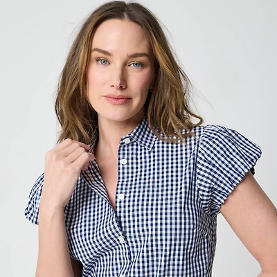 Gingham puff-sleeve button-up top