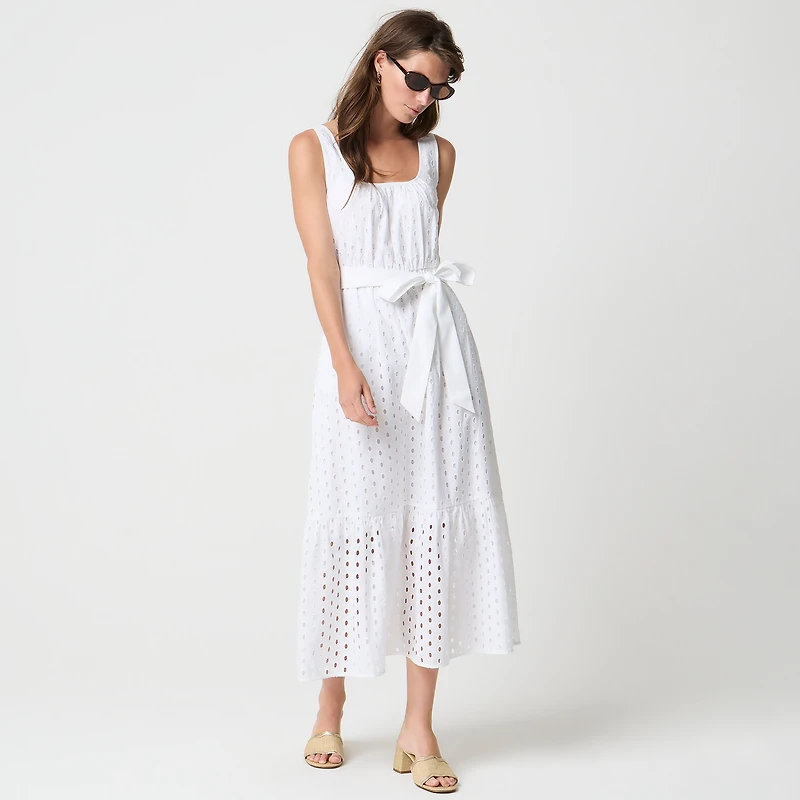 Petite eyelet belted midi dress