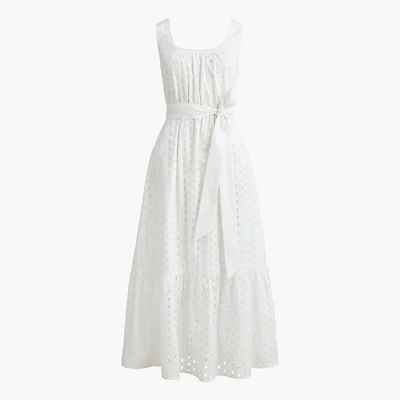 Petite eyelet belted midi dress