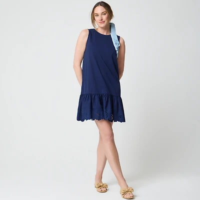 Mixed-media eyelet-hem mini shift dress