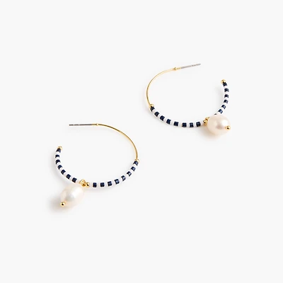 Beaded pearl drop hoop earrings