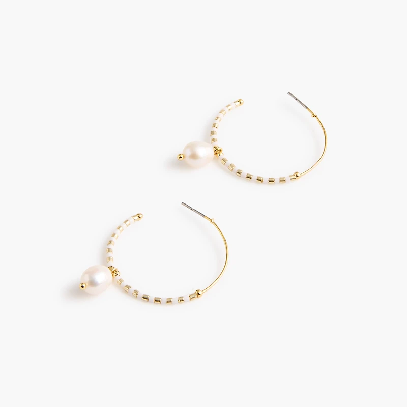 Beaded pearl drop hoop earrings