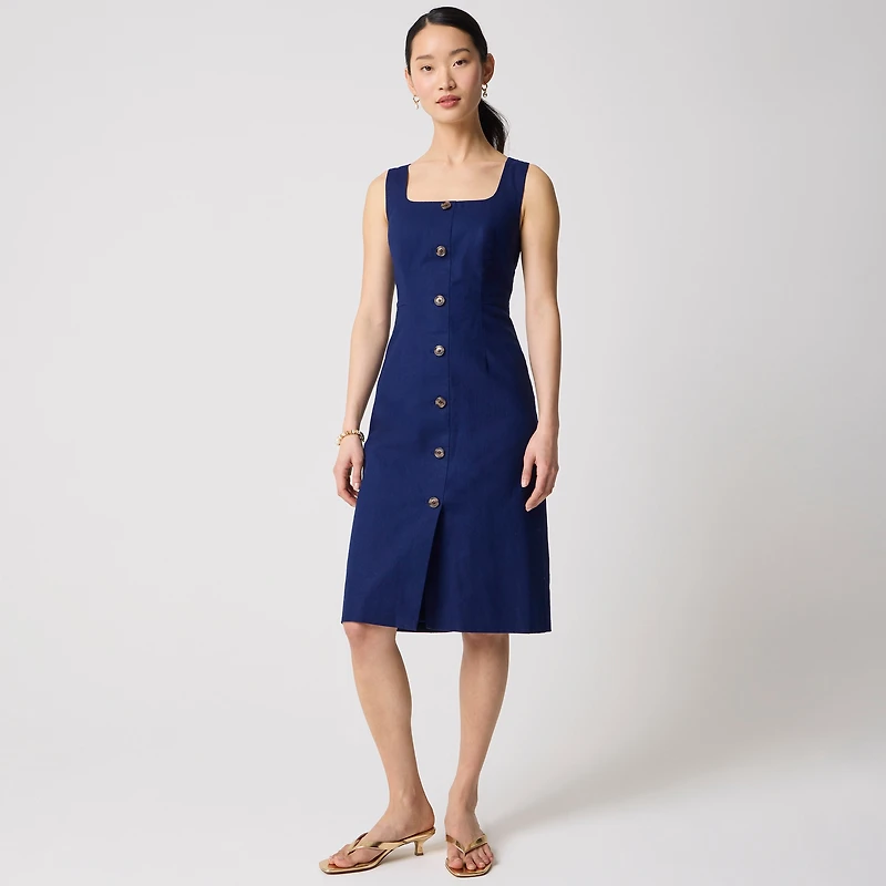 Linen-cotton blend button-front midi dress