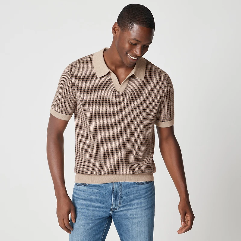 100% cotton houndstooth johnny-collar sweater-polo