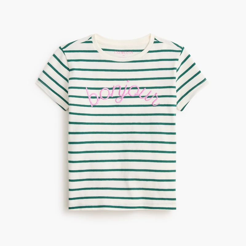 Girls' striped "bonjour" graphic tee
