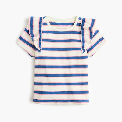 Girls' striped ribbed ruffle-sleeve tee