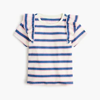 Girls' striped ribbed ruffle-sleeve tee