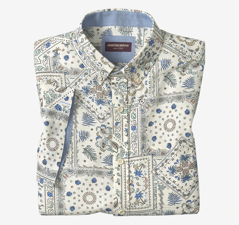 Linen-Blend Short-Sleeve Print Shirt