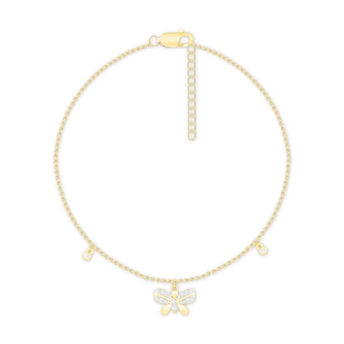 Diamond Butterfly Anklet 1/10 ct tw 10K Yellow Gold 9"