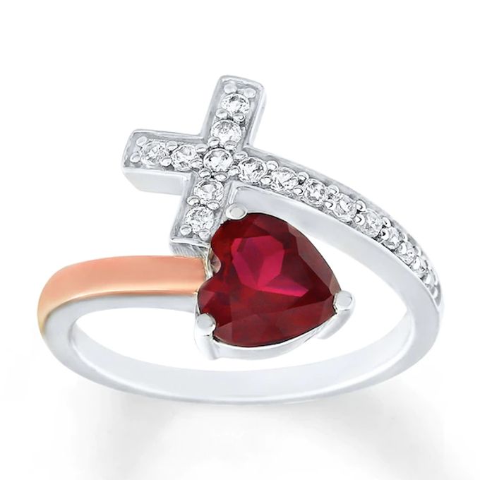 Heart Cross Ring Lab-Created Ruby Sterling Silver/10K Rose Gold