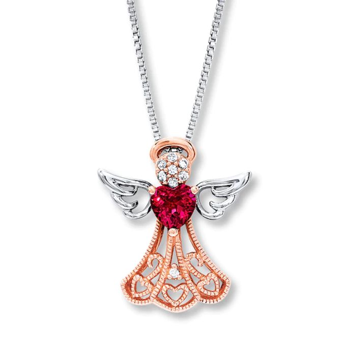 Kay Angel Necklace Lab-Created Ruby Sterling Silver/10K Rose Gold